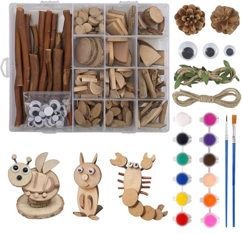 Luabue 167Pcs Wood Slices for Crafts 2-5cm Small Wooden Discs Unfinished Log Wooden Circles Wood Sticks for Crafting, Pine Cones Branches Twigs Craft Kit with Paints Brushes for Classroom Art Project