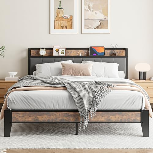 IRONCK King Size Bed Frame with Storage Shelf Upholstered Headboard, Platform Bed Frame with Charging Station, Metal Bed Frame/UnderBed Storage, Enhanced Support Noise Free, Vintage Brown+Grey