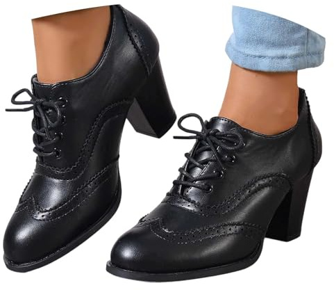 Chaussures basses à lacets pour femme - Escarpins traditionnels avec talon bloc - Chaussures de costume - Talons hauts - Confortables - Chaussures d'affaires rondes - Chaussures simples - Chaussures