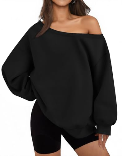 BONITEE Womens Casual Long Sleeve Sweatshirts 2026 Fall Off the Shoulder Pullover Sexy One Shoulder Tops Cute Loose Hoodies Black,XL