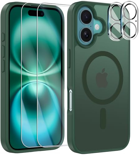ivencase Magnetic for iPhone 16 Case with 2 Pack Screen Protector and 2 Pack Camera Lens Protector, Compatible with MagSafe, Shockproof Protective Translucent Matte Back Phone Case 6.1 -Dark Green