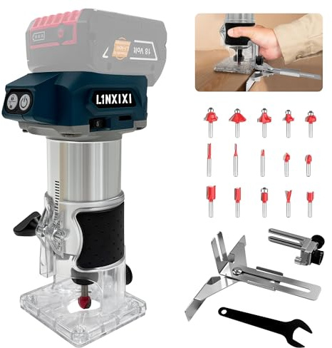 Akku Oberfräse für Bosch GBA 18V/ProCORE18V Akkus, 800W Bürstenloser Oberfräse mit 5 Geschwindigkeiten, 10,000-30,000 U/min, 18V Einhandfräse Akku Kantenfräser mit 15 Stück 1/4 Fräser (ohne Akku)