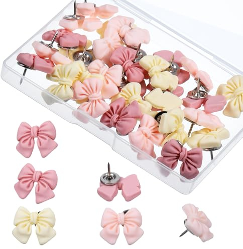 30 PCS Decorative Bow Pins for Cork Board, Multipurpose Pink Push Pins, Cute Bow Pushins with Storage Box for Bulletin Board Map Photo Wall Home School Office Decorations Supplies
