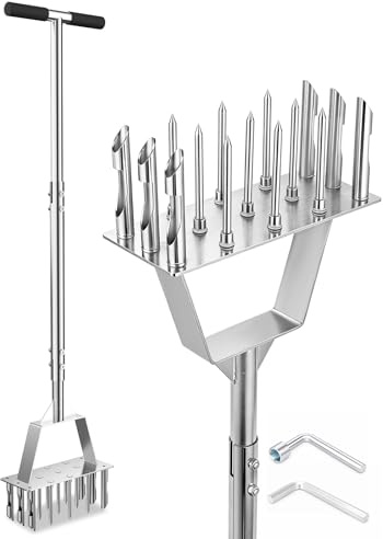 Fologtoo Rasenlüfter, Aerifizierer für Rasen mit 9 Spikes + 6 Kerne, Manueller Rasenbelüfter für Rasenpflege und Verdichtete Böden, Langer Griff (99cm)