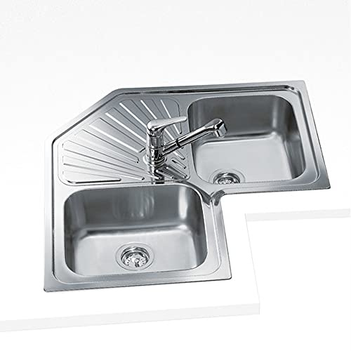 Teka 2C – Angle Sink, 2 Buckets and Drainboard, for 90 cm Furniture, Stainless Steel Bucket, Easy Installation, Modern Design, Stainless Steel Colour