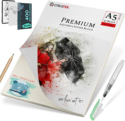 CreaTek Aquarellpapier A5 300g mit 40 Blatt [ Premium Qualität für brillante Aquarelle ] Naturweiß & Kaltgepresst Aquarellblock inkl. Gratis Zubehör & Videokurs - Aquarelle Papier A5