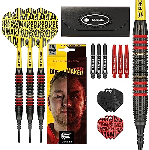 Target Darts Unisex-Adult Dimitri Van den Bergh Dream Maker Brass Softdarts-Set Dartpfeile, Schwarz, Gelb and Roter, 18G