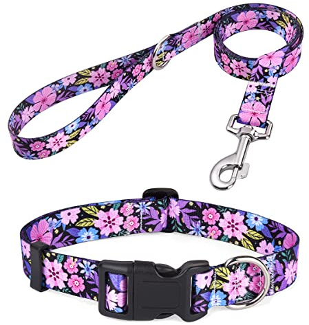 Mihqy Dog Collar and Leash Set, for Large Dogs, Pink Floral Set,L | with Floral Patterns, Adjustable for Small Medium Large Dogs, Comfortable for Walks and Outdoor Hikes