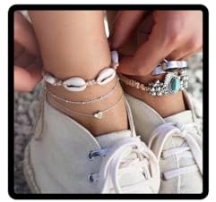 Prosy Spiaggia 3 pezzi Cavigliere a forma di cuore argento Cavigliera Bracciale perline catena estate piede gioielli per donne e ragazze