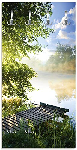 ARTLAND Wandgarderobe Garderobenpaneel Holz mit 6 Haken 60x120 cm Design Garderobe mit Motiv Natur See Fluss Steg Bäume Nebel Sonnenaufgang Idyll T0WD
