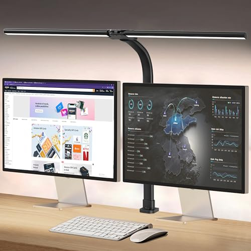 Doppelkopf Schreibtischlampe LED Dimmbar,24W 80CM Schreibtischlampen klemmbar,5 Farb 5 Helligkeitsstufen Tageslichtlampe Schreibtisch,Verstellbarer Schwanenhals Bürolampe Augenschutz Monitor Lampe