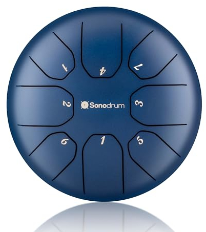 Sonodrum Zungentrommel Standard C - Dur in Blau - 20 cm klein mit 8 Tönen - Steel Tongue Drum inkl. Liederbuch, Schlägel, Fingersticks und Tragetasche - Notenlesen nicht nötig, einfach zu spielen.