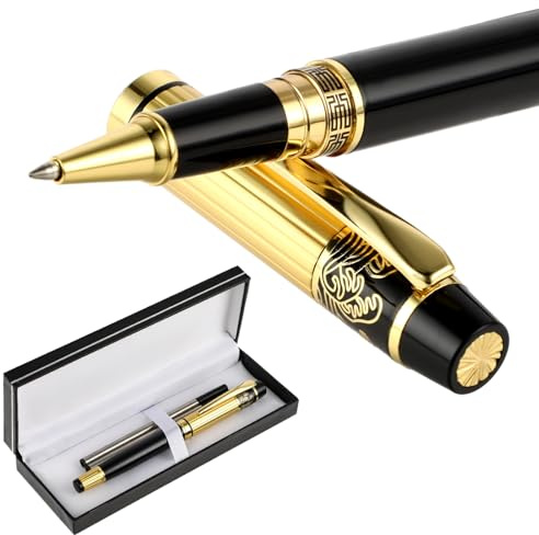 Amaxiu Luxuriöses Metall Schweres Kugelschreiber Set, 0.5 mm hochwertig kugelschreiber Schöner Schwarzer Tintenroller mit 2 Ersatzminen Ausgefallene Stifte Für Geschäft Tagebuch Büro Geschenk