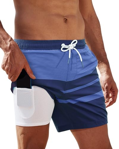 Arcweg Bañador para Hombre con Forro de Compresión 2 en 1 de Secado Rápido con Forro Corto Pantalones Cortos de Surf Elásticos con Bolsillos con Cremallera | Secado rápido, elástico en 4 direcciones, bolsillos con cremallera y forro, cintura ajustable, pantalones cortos para playa