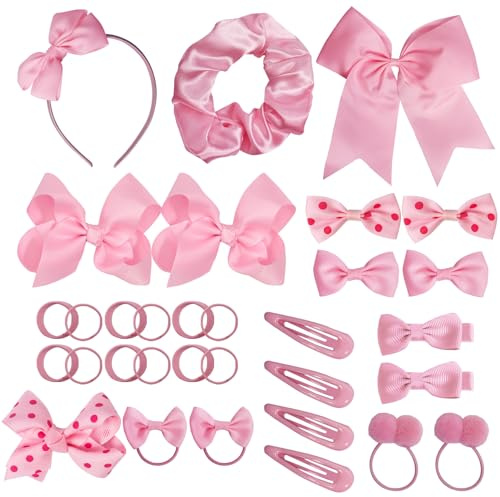 50Pcs Girls School Hair Accessories Kit Pink Bow Hair Clips Headband Ponytail Holder Bow Barrettes for Girl Teen Toddler Birthday Gift