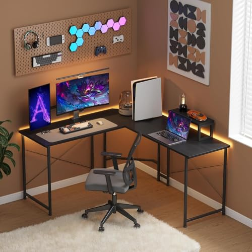 CAIYUN Corner Desk, 50 L Shaped Gaming Desk with Removable Monitor Stand, Computer Desk for Home Office, Metal Frame, Black