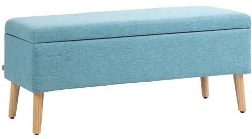 HOMCOM Sitzbank mit Stauraum Polsterbank mit Leinenoptik, Sitztruhe mit Holzbeine, Truhenbank für Wohnzimmer Schlafzimmer Flur 110 x 39 x 45 cm, Blau
