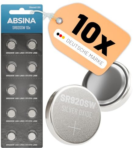 ABSINA SR920SW Uhrenbatterie 1,55V Silberoxid 10er Pack - Knopfzelle SR920SW auslaufsicher & Lange Haltbarkeit - Batterie SR920SW / LR921 / 371/370 / LR69 / AG6 - SR 920 SW Uhren Knopfzelle