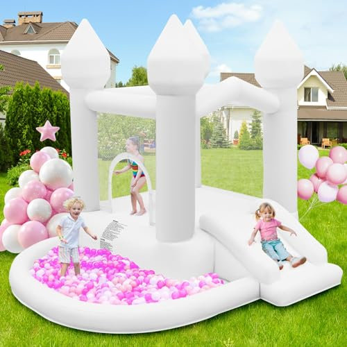 Castello Gonfiabile Bianco per Bambini con Scivolo, Trampolino, Grande Grande Vasca per Palline, Castello Gonfiabile per Interni Esterni Matrimonio Festa Compleanno, Età 3-10 Anni, Fino a 140KG