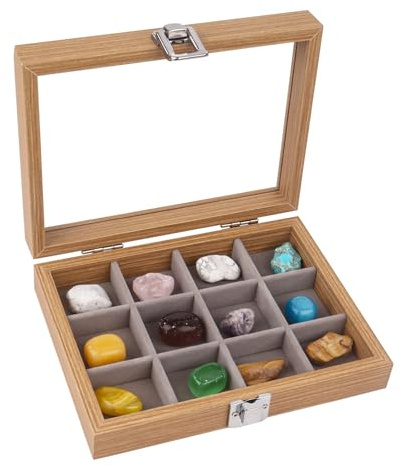 Dmnnlp 12 Grids Rock Display Case, Wooden Rock Collection Box with Clear Lid, Display Box for Collectables,Storage Cases for Small Rocks Gemstone Fossil Crystal Stone Jewellery (Light Brown)