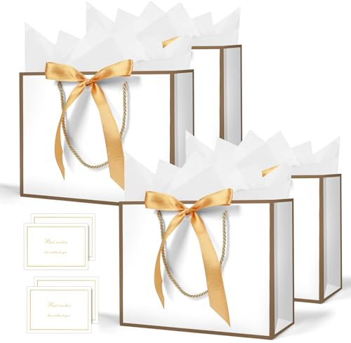 AMFUN Lot de 4 Pochettes Cadeaux avec Anse, Sacs Cadeaux en Papier Avec Ruban d'Arc, Pochettes en Papier avec Anse, Emballage Cadeau pour Noël, les Anniversaires, Mariages, Fête（Blanc Bord Doré)