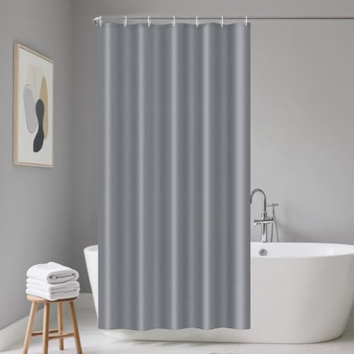 LUKDUNG 100 x 200 cm cortina de baño de poliéster textil, cortina antimoho para baño, cortina de tela impermeable lavable para bañera y ducha, con 7 ganchos, gris claro