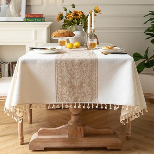 Pahajim Mantel Antimanchas Rectangular Lino Algodon Manteles de Mesa Lavable Impermeable Protector Mesa Comedor para Exterior,Mesita Salon,Cocina Decorativo (Blanco,140x180cm)
