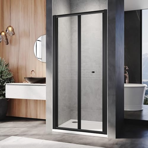 ELEGANT 900mm Black Bi-Fold Shower Door Enclosure with Magnetic Stripe Glass Reversible Folding Cubicle for Shower Room and Restroom