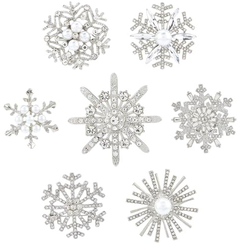 SUPERFINDINGS 7 spille con fiocchi di neve con strass e spille in argento, spille per Natale, inverno, elegante accessorio per cappello, borsa e cravatta