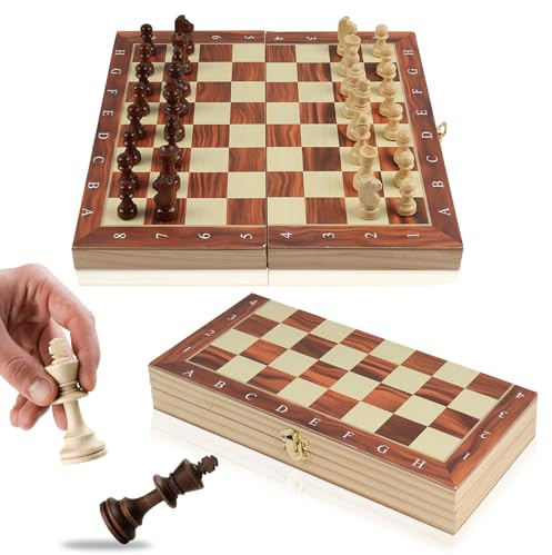 Magnetic Chess Set Luxury for Adults Kids,29×29cm Portable Folding Travel Chess Set Magnetic Wooden Chess Board Game,Handmade 32 Chess Pieces | 2 Extra Queen,Gift for Kid,Adult,Boys,Girls,Family Party