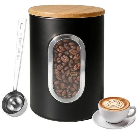 PEEXTBB Lata de Café Hermético, 1,5 L Bote para Cafés in Hierro de Almacenamiento, Recipiente para Café con Ventana y Cuchara, para Azúcar, Hojas de Té, Cafés, Negro