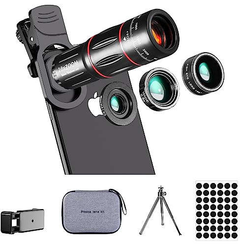 Phone Camera Lens Kit Upgraded Version Telephoto 28X Wide Angle 0.6X Macro 20X Fisheye 198° for Most Smartphones (Black)