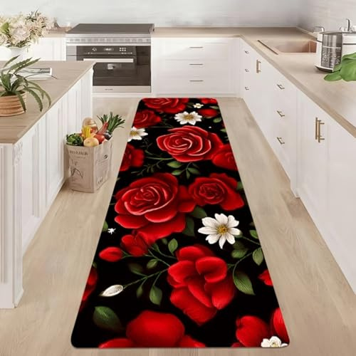 Blumenmuster Teppich,120x170cm Stilvoller und Romantischer Läufer Mit Roter Rose für Mädchenzimmer, Moderne, Weiche, Kurzflorige und Saugfähige Küchenmatte, Waschbarer und Fusselfreier Teppich