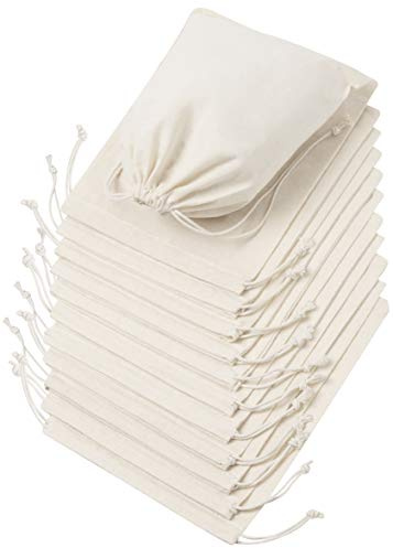 DR 100% Cotton Muslin Drawstring Bags (8x10 Inch - 12-Pack) Natural Unbleached Fabric Storage Pouches for Pantry Kitchen Produce Herbs Gifts Party Favors Travel