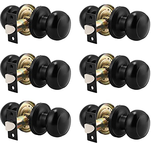 Probrico (6 Pack Round Passage Door Knob(Non-Locking Knobs), Keyless Doorknobs Interior/Exterior Door Lockset,Passage Knobs for Hallway/Closet,Black Finish Modern Design Door Hardware