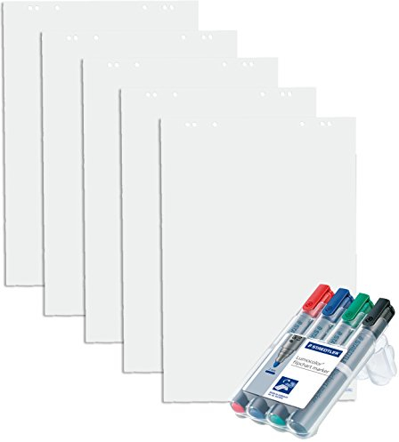 5x Flipchartblöcke, blanko, je Block 20 Blatt 69x99 cm, 6 fach Lochung, perforiert + 4er Marker Set