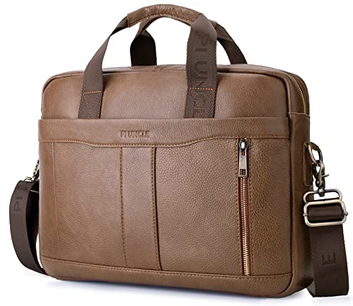 BAGZY Maletin para Ordenador Portátil 15.6 Pulgadas Regalo Hombre Maletín de Cuero Genuino Bolso Hombre Bandolera para Portátil Bolso Mensajero Negocios (Marrón)