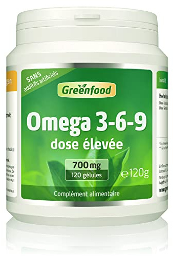 Greenfood Oméga 3-6-9, 700 mg, dose élevée,120 gélules de softgel - pour cardiovasculaire et fonction cérébrale. Sans additifs artificiels. Sans génie génétique.