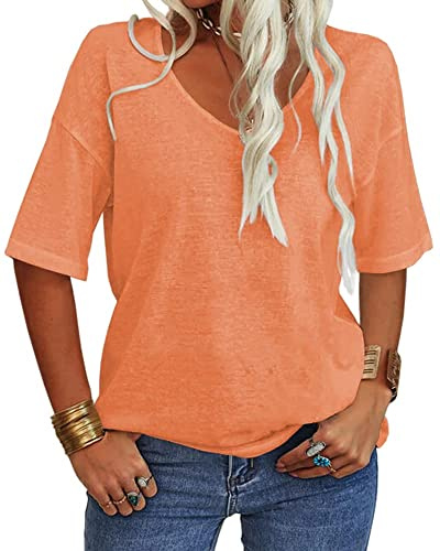 Tankaneo T-shirt d'été ample à manches courtes et col en V pour femme | T-shirt long, tunique, été, sport, basique, haut en coton, chemisier long, décontracté, ample, manches courtes
