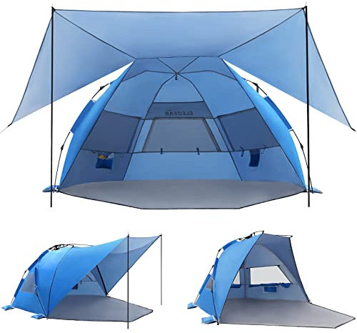 Elegear CumbreX™ Beach Tent with 360° Removable Canopy, 4-6 Person Pop Up Sun Shade Shelter, UPF 50+ Automated Installation Double Silver Coating Portable Lightweight Beach Cabana for Beach/Outdoor