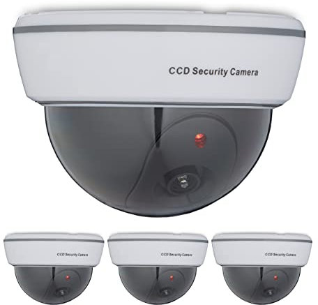 Relaxdays 4 x Kamera Dummy, blinkendes LED-Licht, innen & außen, Einbrecher Abschreckung, Überwachungskamera Attrappe, weiß