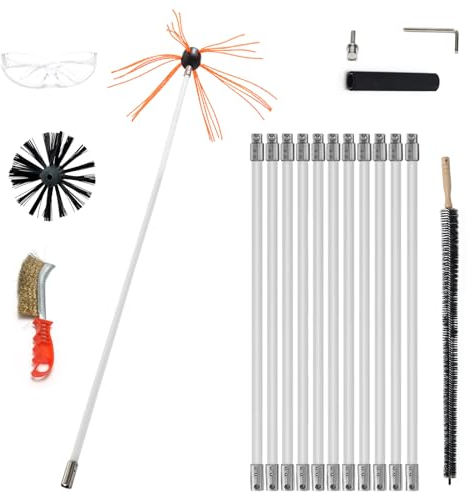 Schornsteinbesen 12M,Schornsteinfeger Bürste Ofenrohrbürste Professionelle Werkzeuge Anwendbar Auf:Kaminofen Wäschetrockner Zeltofen,Kaminbesen Set Mit 1 Heizkörperbürste 1 Drahtbürste 12 Rods