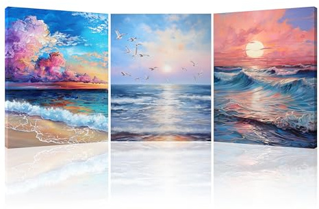 PIY PAINTING Stampe su tela Paesaggio marino, Gabbiani, Pittura a olio Onde del mare, Cielo Colorato Quadri su tela con cornice, decorazione Murale per Soggiorno Camera da letto 3Pannelli 30x40cm