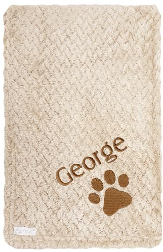JJLC Personalised Dog Cat Pet Blankets Embroidered Name Paw (Beige Waffle, Brown Name)