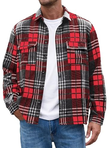 QUEZHU Flanellhemd Herren Langarm Kariert Flanellhemden bügelfrei Casual Button Down Freizeithemd Mit Brusttasche Normal Passform Rot Schwarz