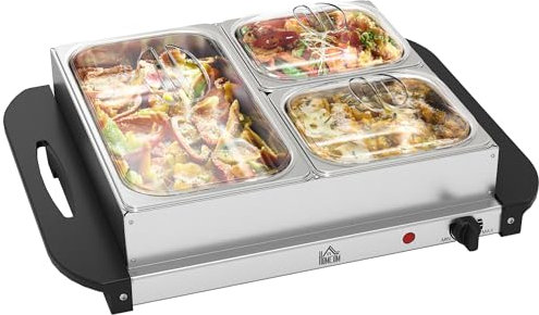 HOMCOM Electric Food Warmer 4 Tray, 4.5L Portable Buffet Server and Warming Tray with Lids, Adjustable Temperature Control and Cool Touch Handles, 200W, 1 x 2.5L and 2 x 1L