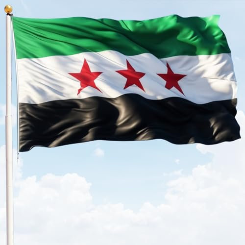 Syrische Flagge – Live Your Roots, Grün, Weiß, Schwarz, Rot, Patriotisch, 90 x 150 cm, Polyester, Witterungsbeständig, UV-beständig, Reißfest, Syrien, Revolution, Demonstrationen, Dekorationen