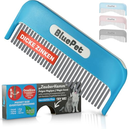 BluePet Peigne magique pour chats et chiens - Pour poils longs - Élimine les nœuds - Démêloir breveté - Brossage efficace et doux - Pour chiots et chattons (Dents Renforcées - Bleu)
