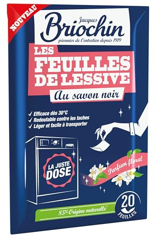 JACQUES BRIOCHIN – 20 Feuilles de Lessive Redoutables dès 30°C – Lavage Impeccable dès la 1re Utilisation – Savon Noir – Tous Textiles – Sans Enzymes – Compact – Parfum Floral