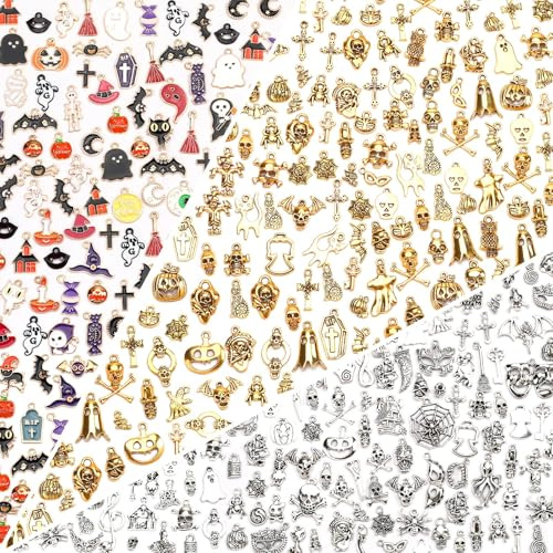 SANNIX 350Pcs Halloween Charms, Assorted Enamel Charms Mixed Bulk Antique Gold Tibetan Silver Jewelry Charm Pendants for Bracelet Necklaces Earrings Making Supplies